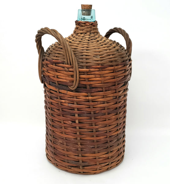 Large Antique Wicker Woven Wrapped Aqua Glass Demijohn Bottle Jug 20" x 11"