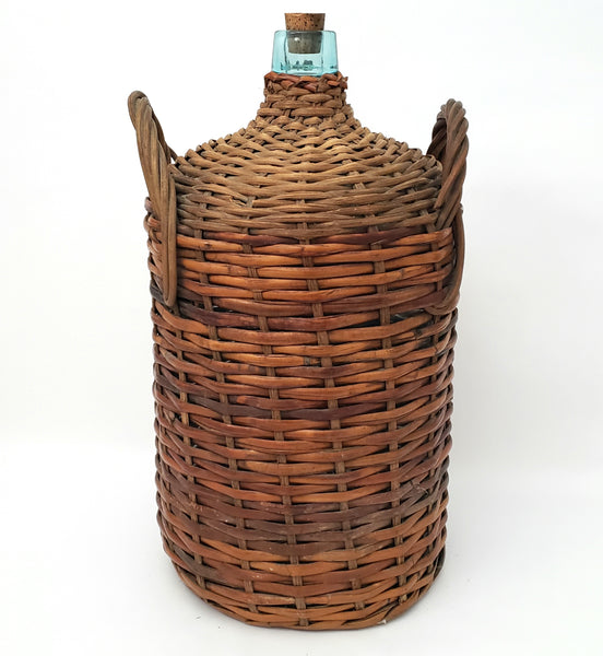 Large Antique Wicker Woven Wrapped Aqua Glass Demijohn Bottle Jug 20" x 11"