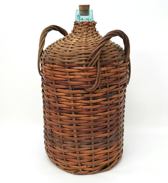 Large Antique Wicker Woven Wrapped Aqua Glass Demijohn Bottle Jug 20" x 11"