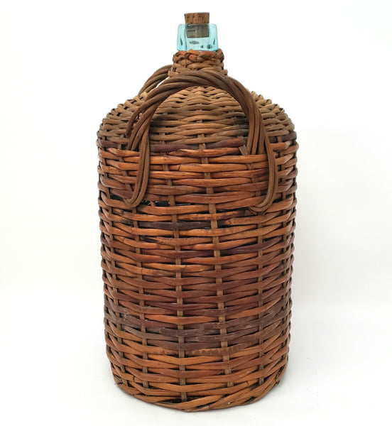 Large Antique Wicker Woven Wrapped Aqua Glass Demijohn Bottle Jug 20" x 11"