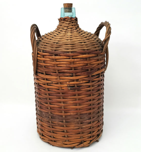 Large Antique Wicker Woven Wrapped Aqua Glass Demijohn Bottle Jug 20" x 11"