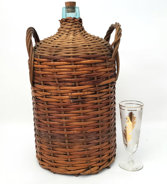 Large Antique Wicker Woven Wrapped Aqua Glass Demijohn Bottle Jug 20" x 11"