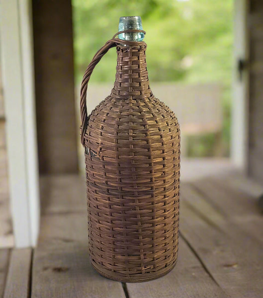 Antique Wicker Woven Aqua Demijohn Glass Bottle 16" with Wooden Base