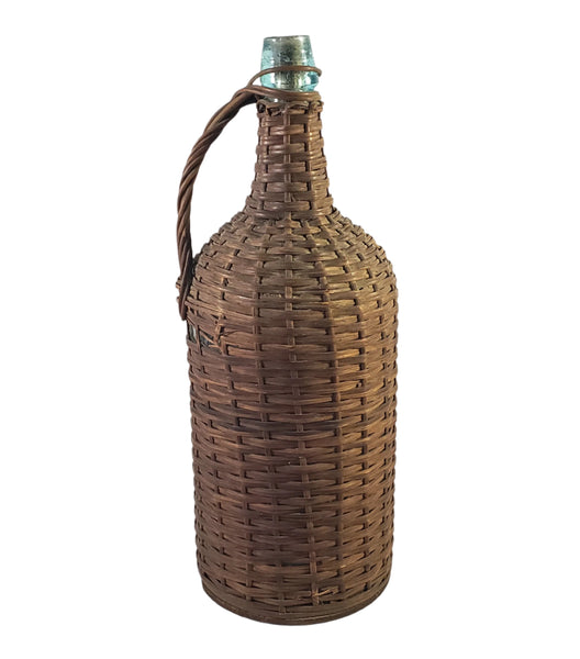 Antique Wicker Woven Aqua Demijohn Glass Bottle 16" with Wooden Base