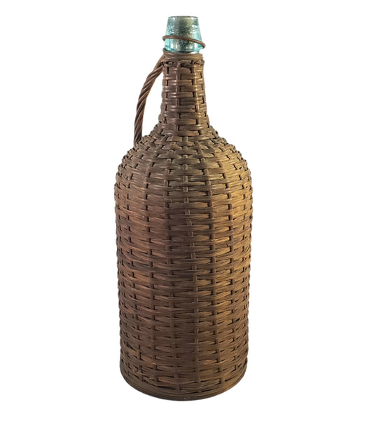 Antique Wicker Woven Aqua Demijohn Glass Bottle 16" with Wooden Base