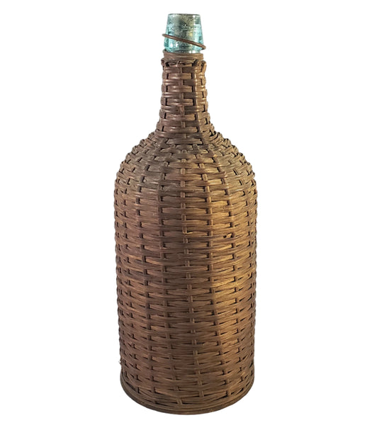 Antique Wicker Woven Aqua Demijohn Glass Bottle 16" with Wooden Base