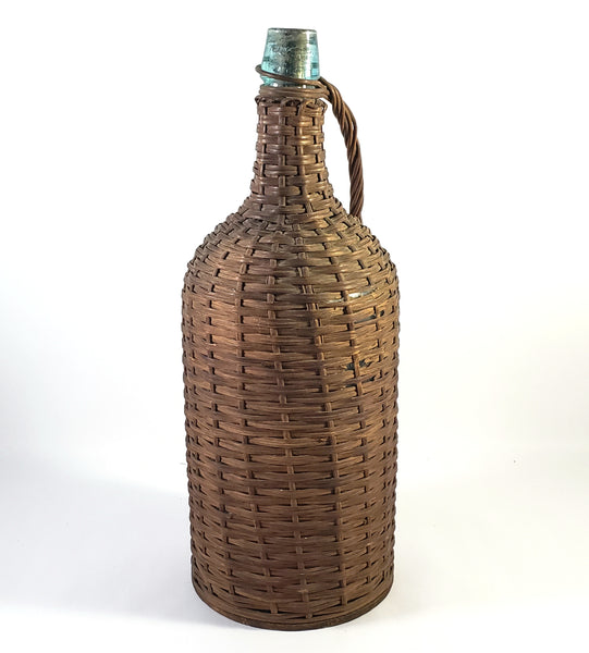 Antique Wicker Woven Aqua Demijohn Glass Bottle 16" with Wooden Base