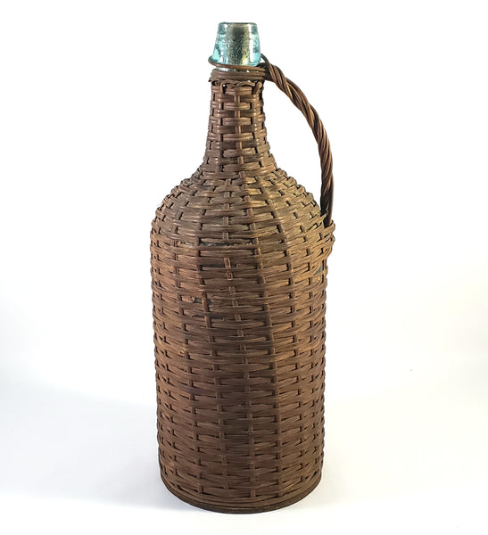 Antique Wicker Woven Aqua Demijohn Glass Bottle 16" with Wooden Base