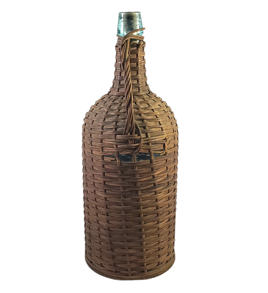 Antique Wicker Woven Aqua Demijohn Glass Bottle 16" with Wooden Base