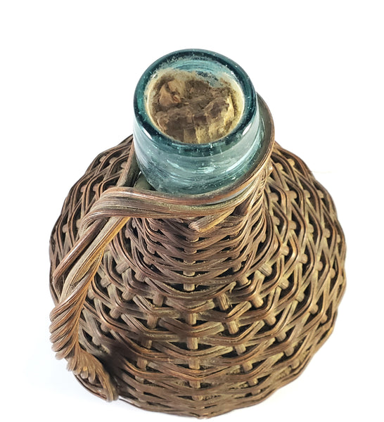 Antique Wicker Woven Aqua Demijohn Glass Bottle 16" with Wooden Base