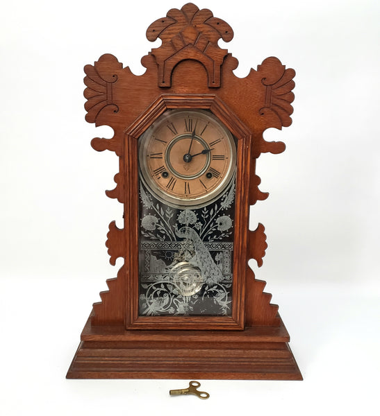 Antique Ansonia Wooden Gingerbread Style Mantel Clock Peacock Eastlake Style