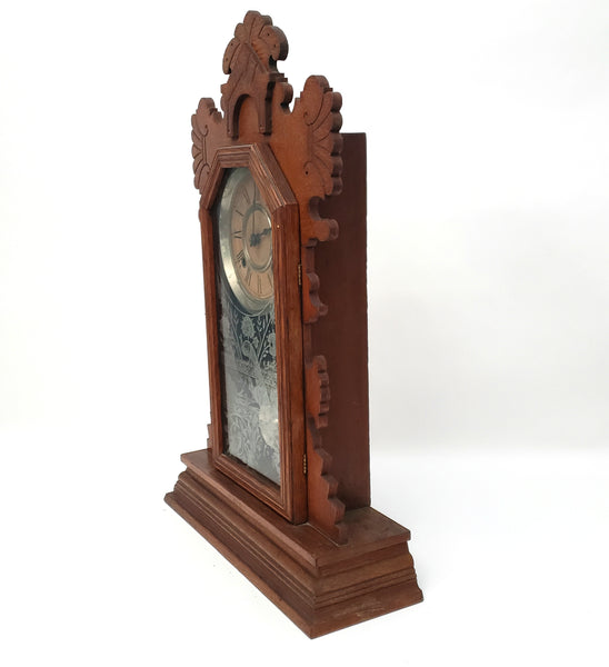 Antique Ansonia Wooden Gingerbread Style Mantel Clock Peacock Eastlake Style