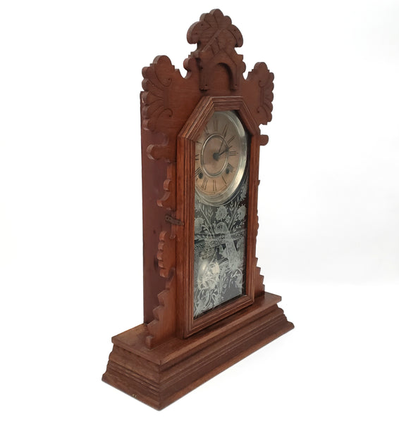 Antique Ansonia Wooden Gingerbread Style Mantel Clock Peacock Eastlake Style