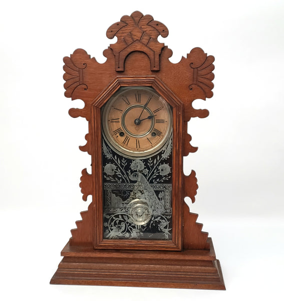 Antique Ansonia Wooden Gingerbread Style Mantel Clock Peacock Eastlake Style