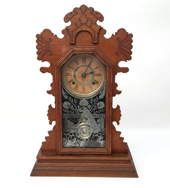 Antique Ansonia Wooden Gingerbread Style Mantel Clock Peacock Eastlake Style