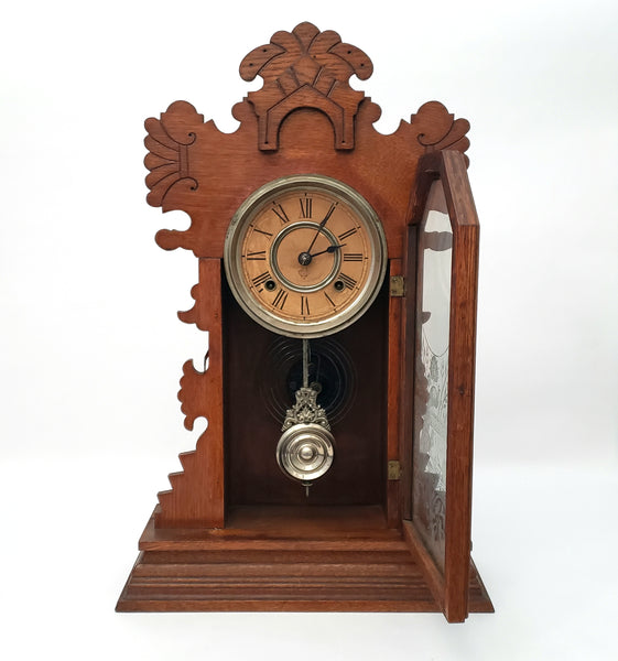 Antique Ansonia Wooden Gingerbread Style Mantel Clock Peacock Eastlake Style