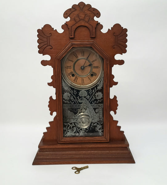 Antique Ansonia Wooden Gingerbread Style Mantel Clock Peacock Eastlake Style