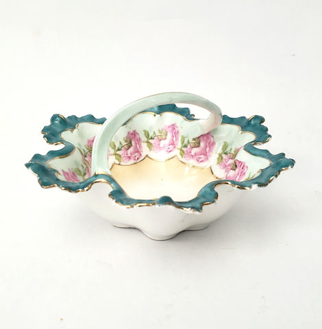 Antique Porcelain Trinket Dish with Twisted Handle Roses