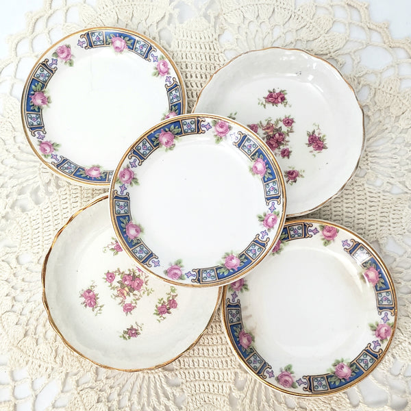 Antique Butter Pats Pink Roses & Blue Collection of 5