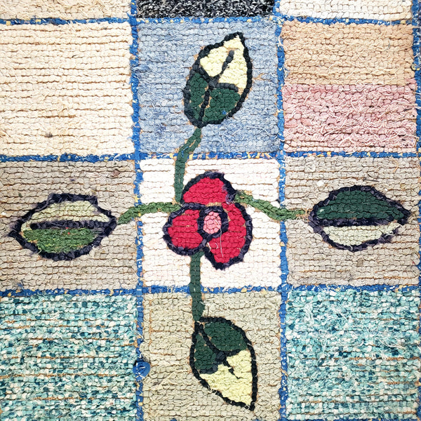 Vintage Folk Art Hooked Rug Floral & Geometric 35"x 17