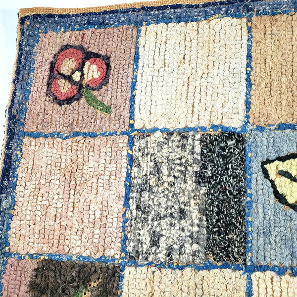 Vintage Folk Art Hooked Rug Floral & Geometric 35"x 17