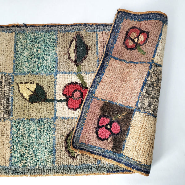 Vintage Folk Art Hooked Rug Floral & Geometric 35"x 17