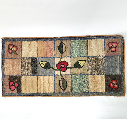 Vintage Folk Art Hooked Rug Floral & Geometric 35"x 17 