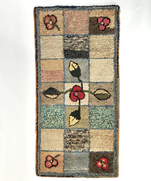 Vintage Folk Art Hooked Rug Floral & Geometric 35"x 17