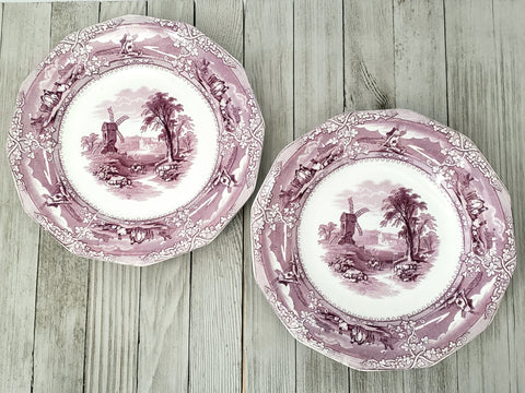 Antique English Ironstone Dinner Plates Purple Transferware EON Pattern Set of 2