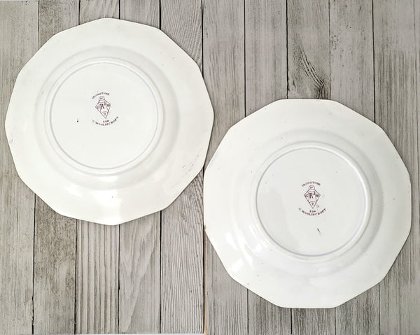 Antique English Ironstone Dinner Plates Purple Transferware EON Pattern Set of 2