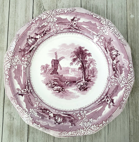 Antique English Ironstone Dinner Plates Purple Transferware EON Pattern Set of 2