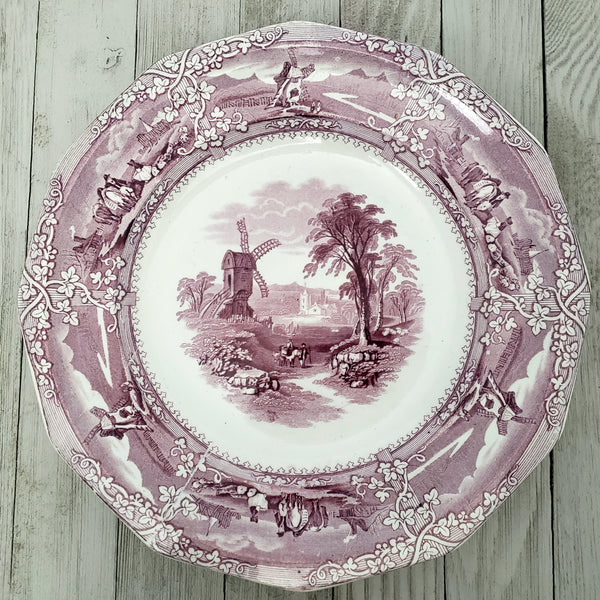 Antique English Ironstone Dinner Plates Purple Transferware EON Pattern Set of 2