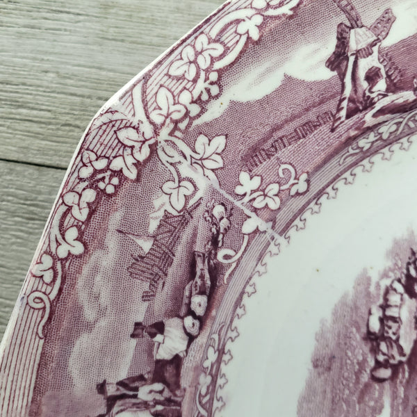 Antique English Ironstone Dinner Plates Purple Transferware EON Pattern Set of 2