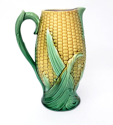 Majolica Corn & Husk Pitcher 9 1/4" Yellow & Green Pink Interior Not Perfect