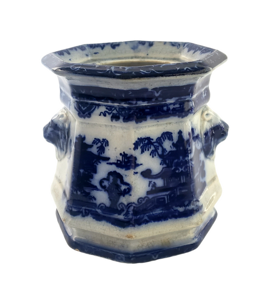 Old Flow Blue Sugar Bowl No Lid Temple with Lion Handles