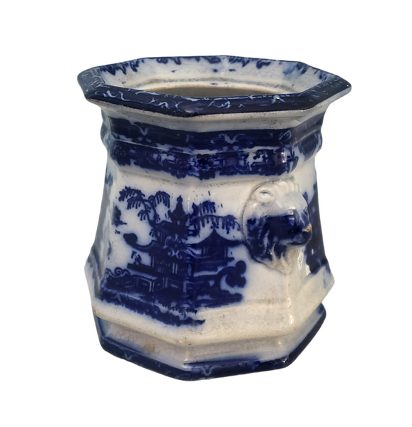 Old Flow Blue Sugar Bowl No Lid Temple with Lion Handles