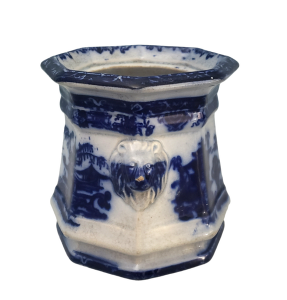 Old Flow Blue Sugar Bowl No Lid Temple with Lion Handles