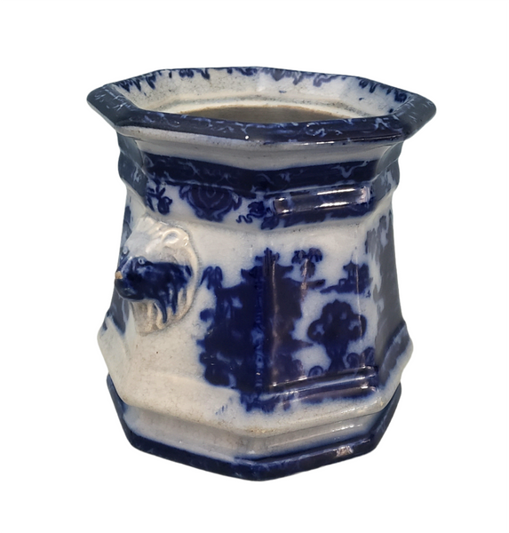 Old Flow Blue Sugar Bowl No Lid Temple with Lion Handles