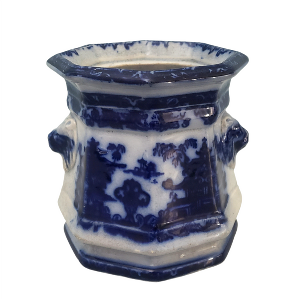 Old Flow Blue Sugar Bowl No Lid Temple with Lion Handles