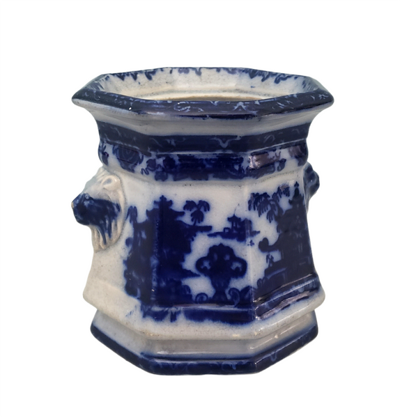 Old Flow Blue Sugar Bowl No Lid Temple with Lion Handles