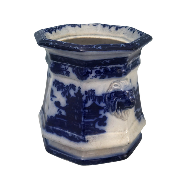 Old Flow Blue Sugar Bowl No Lid Temple with Lion Handles