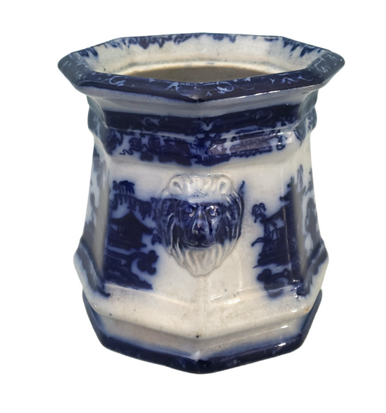 Old Flow Blue Sugar Bowl No Lid Temple with Lion Handles