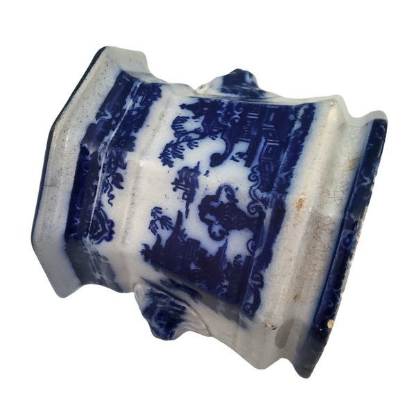 Old Flow Blue Sugar Bowl No Lid Temple with Lion Handles