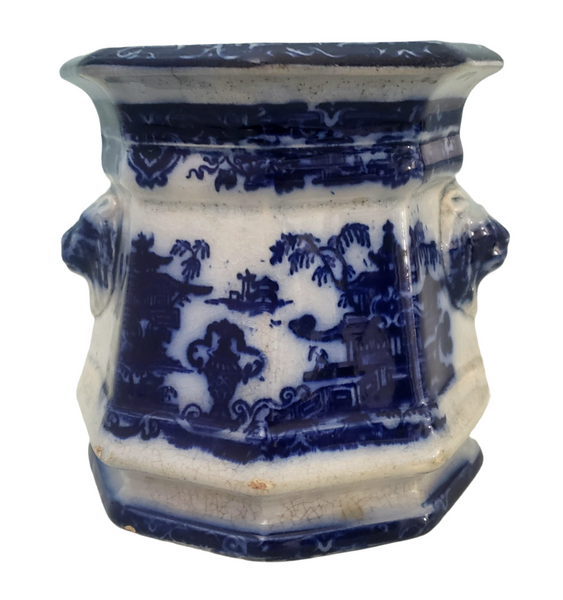 Old Flow Blue Sugar Bowl No Lid Temple with Lion Handles