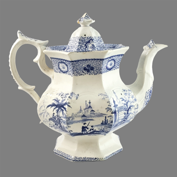 Antique Blue Transfer Ware Teapot with English Scene 8 Cups