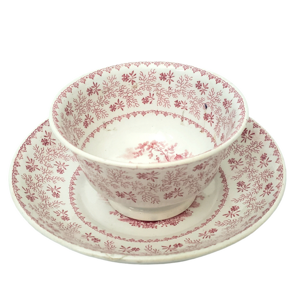 Antique Red Transfer Handleless Cup & Saucer "Agricultural Vase" RMW & Co. England