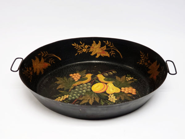 Tole Painted Double Handled Deep Skillet Pan - Birds and Fruit