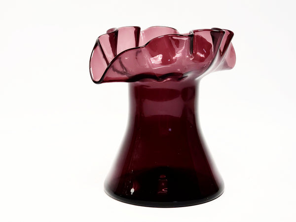 Mid Century Hand Blown Amethyst Art Glass Vase With Wide Ruffled Lip