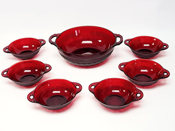 Royal Ruby Red 7 Piece Glass Berry Bowl Serving Set "Cornation" by Anchor Hocking c1939-1940