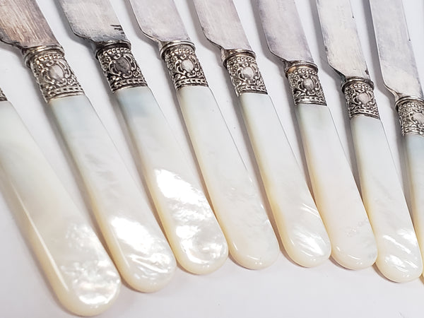 Mother-of-Pearl & Sterling Silver Banded Luncheon Knives Set of 12 By S. Kind & Sons - Early 1900's